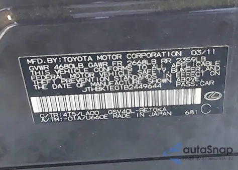 2011 Lexus Es 350 from USA, damaged, VIN JTHBK1EG1B2449644